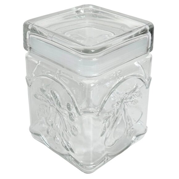 Square Clear Glass Jar Embossed Fruit Design Airtight Lid Storage Decoration - Picture 4 of 16